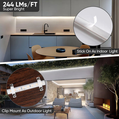 ETL-listed 6000K cool white COB LED strip light 3.9-inch cut marks with peel & stick adhesive, installed under kitchen cabinets