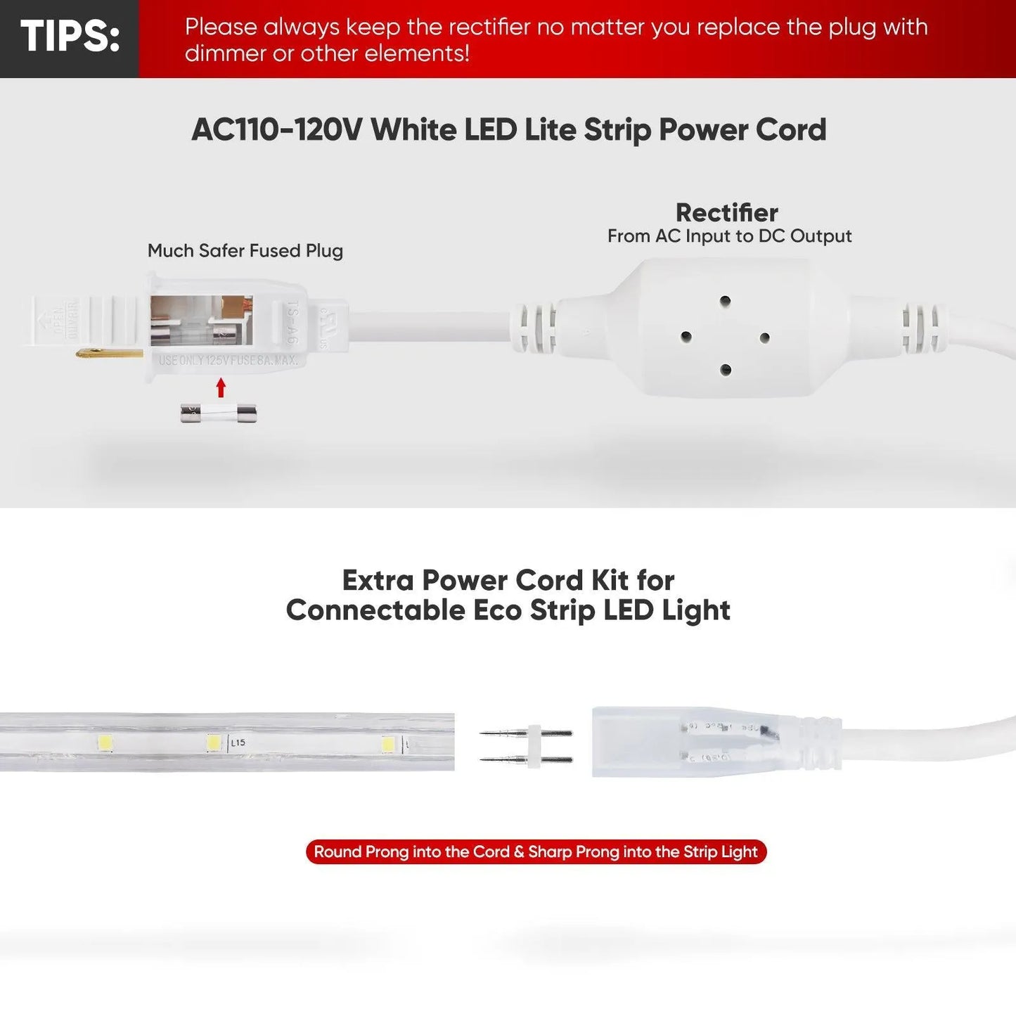 Extra Power Cord Pack for 110V 7*10mm Led Strip Light-Lite Strip - Shine Decor