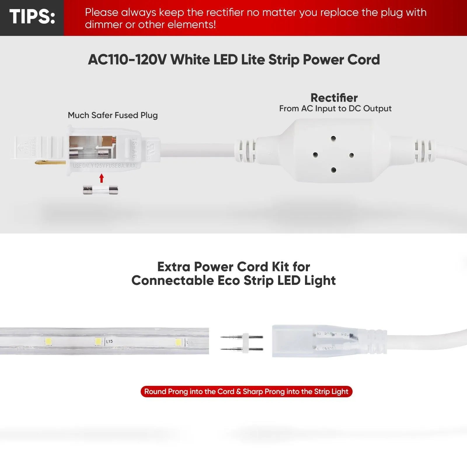 Extra Power Cord Pack for 110V 7*10mm Led Strip Light-Lite Strip - Shine Decor