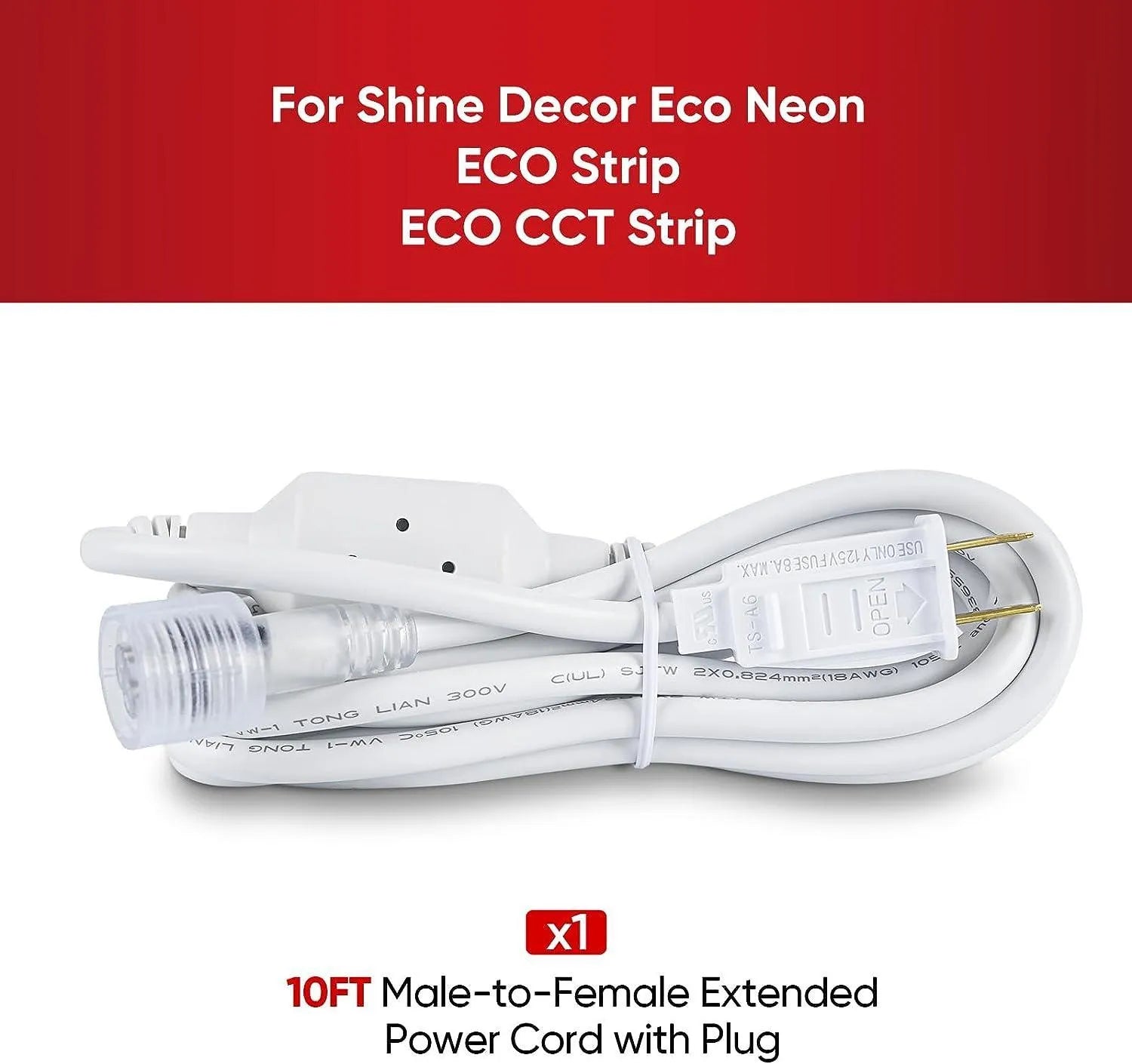 Male-to-Female Power Cord 10FT Extended Power Wire for LED Neon Rope Lights LED Strip Lights - Shine Decor