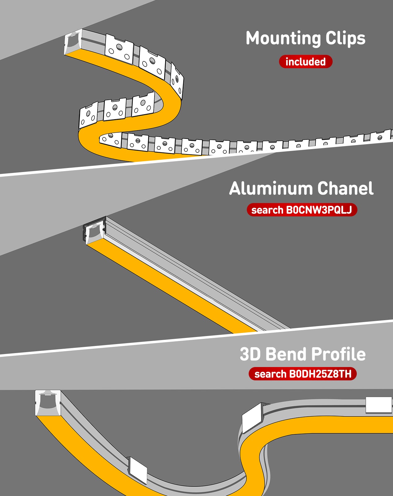 120V 6000K cool white Neon Flex bent in 3D directions (top & side) with uniform glow, no dark spots and driver free