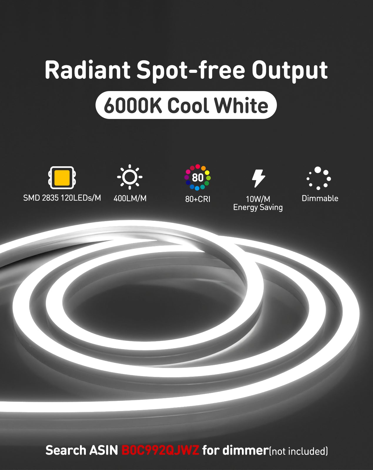 120V 6000K cool white Neon Flex bent in 3D directions (top & side) with uniform glow, no dark spots and driver free