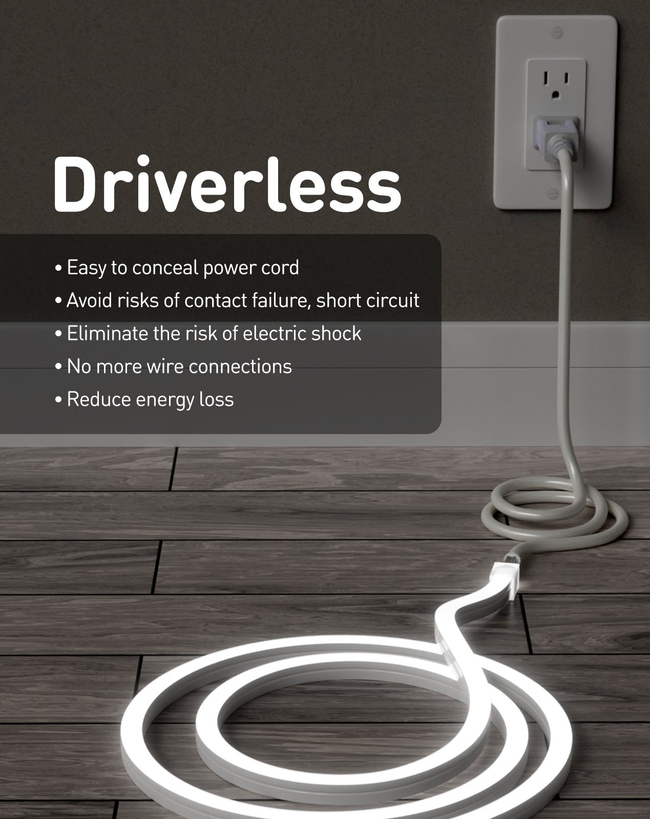 120V 6000K cool white Neon Flex bent in 3D directions (top & side) with uniform glow, no dark spots and driver free
