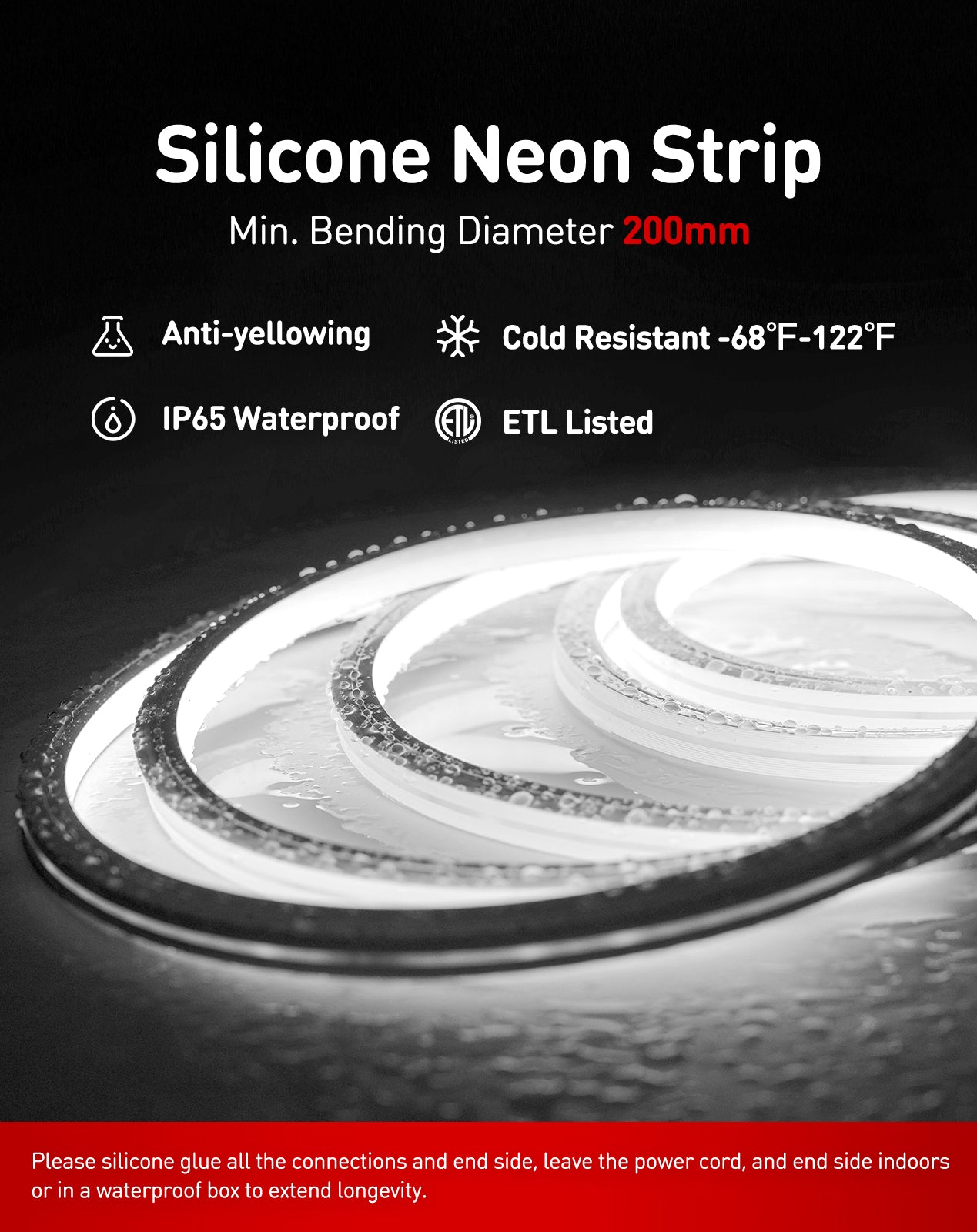 120V 6000K cool white Neon Flex bent in 3D directions (top & side) with uniform glow, no dark spots and driver free