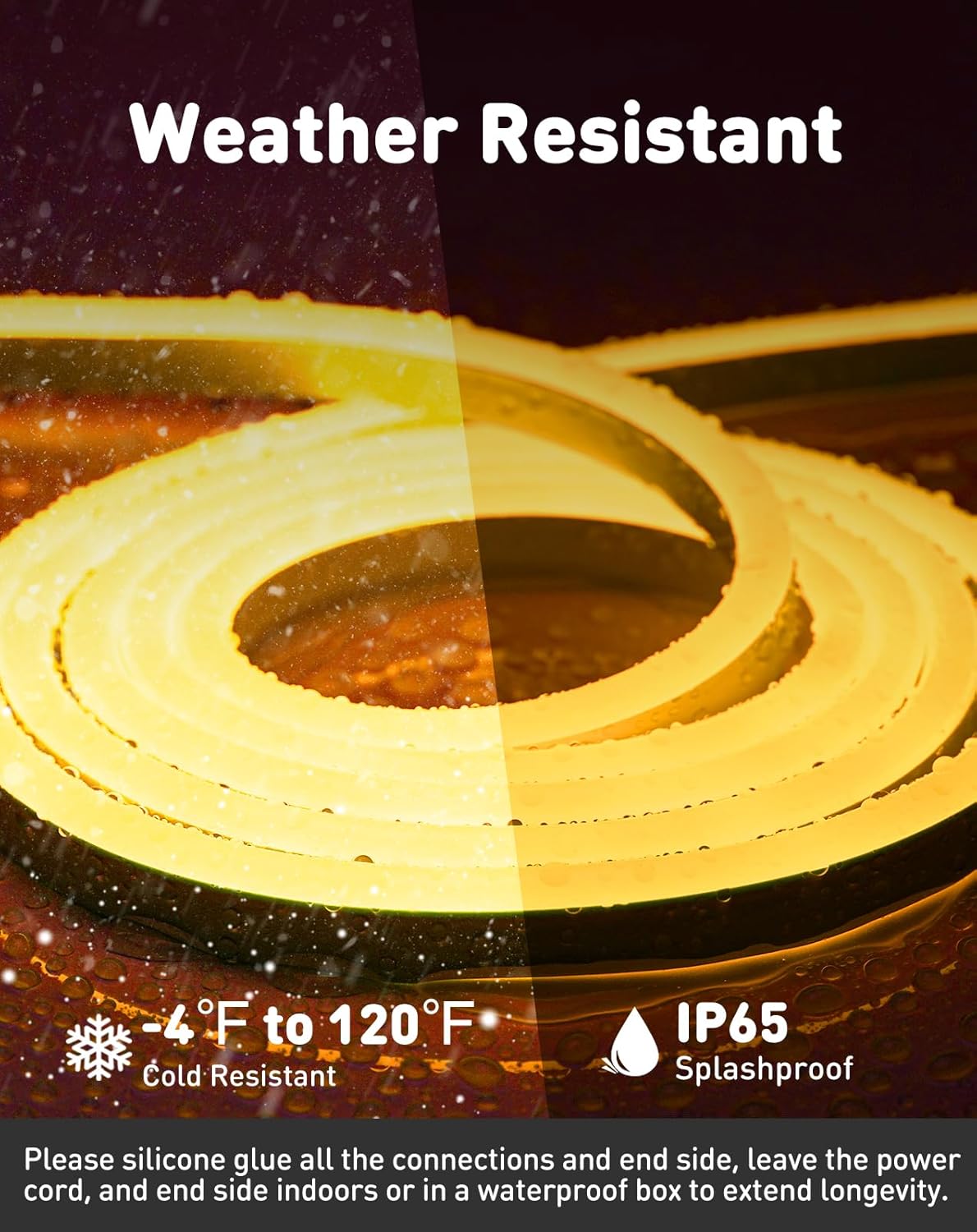 120v Waterproof warm white neon rope light energy efficient 2600K illuminating a cozy outdoor café patio
