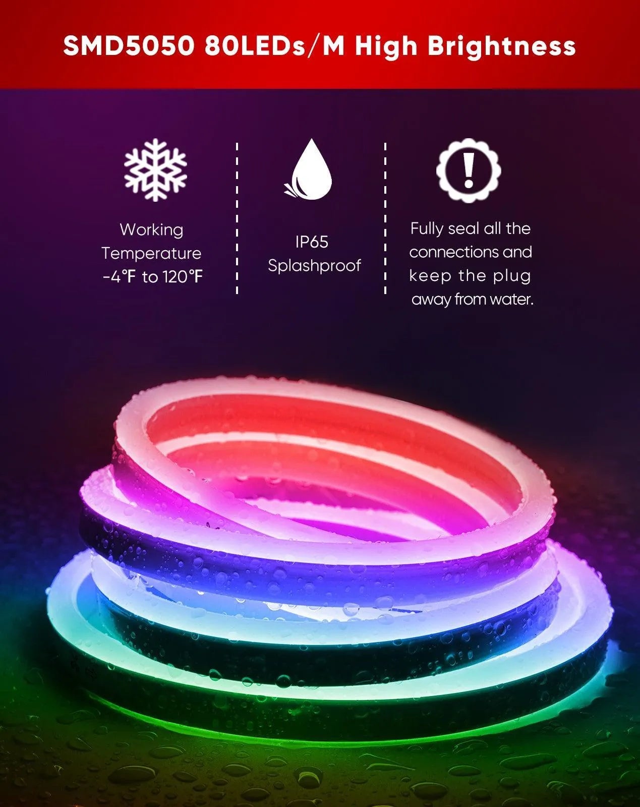 120V IP65 waterproof RGB neon rope light with 14 colors remote control, cut at 3.3ft intervals for an outdoor party arch.