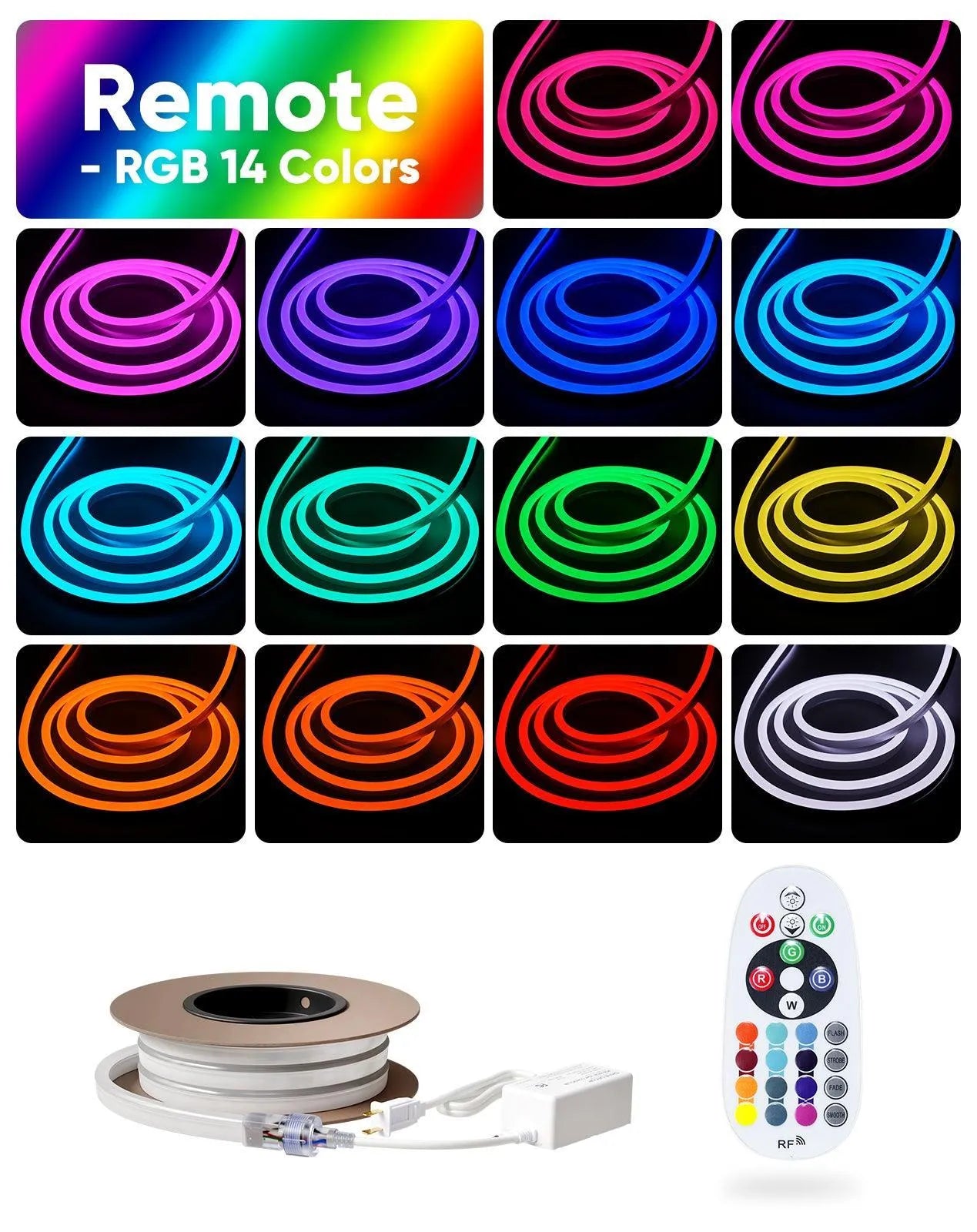120V IP65 waterproof RGB neon rope light with 14 colors remote control, cut at 3.3ft intervals for an outdoor party arch.