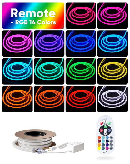 120V IP65 waterproof RGB neon rope light with 14 colors remote control, cut at 3.3ft intervals for an outdoor party arch.