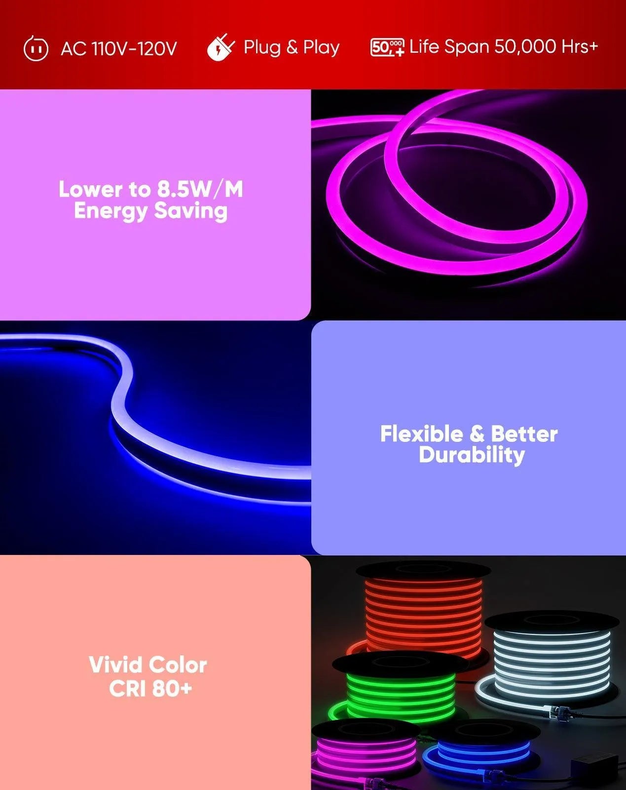 120V IP65 waterproof RGB neon rope light with 14 colors remote control, cut at 3.3ft intervals for an outdoor party arch.