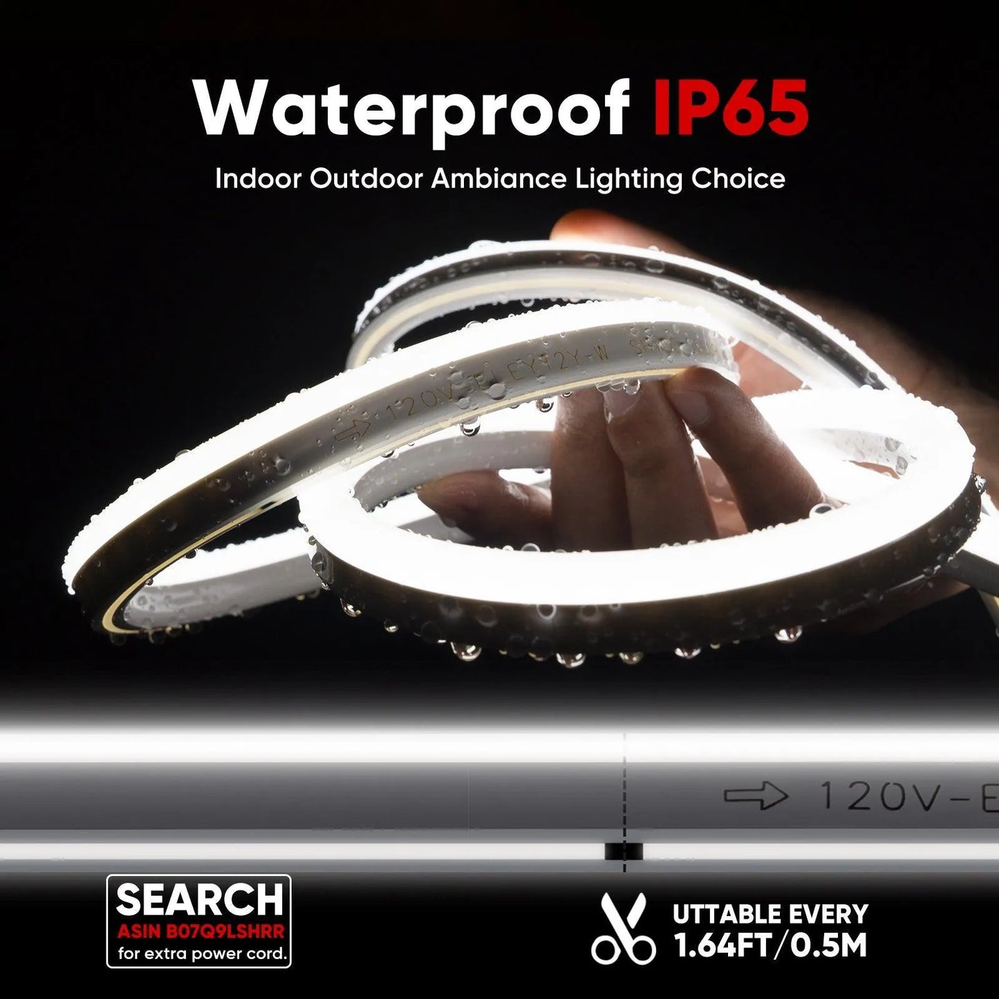 ETL-listed 6500K cool white LED neon rope light with uniform glow, cut at 1.6ft intervals for a retail shelf display.