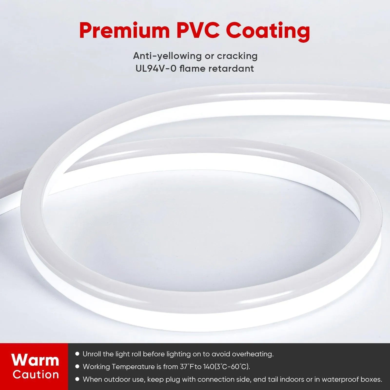 ETL-listed 6500K cool white LED neon rope light with uniform glow, cut at 1.6ft intervals for a retail shelf display.