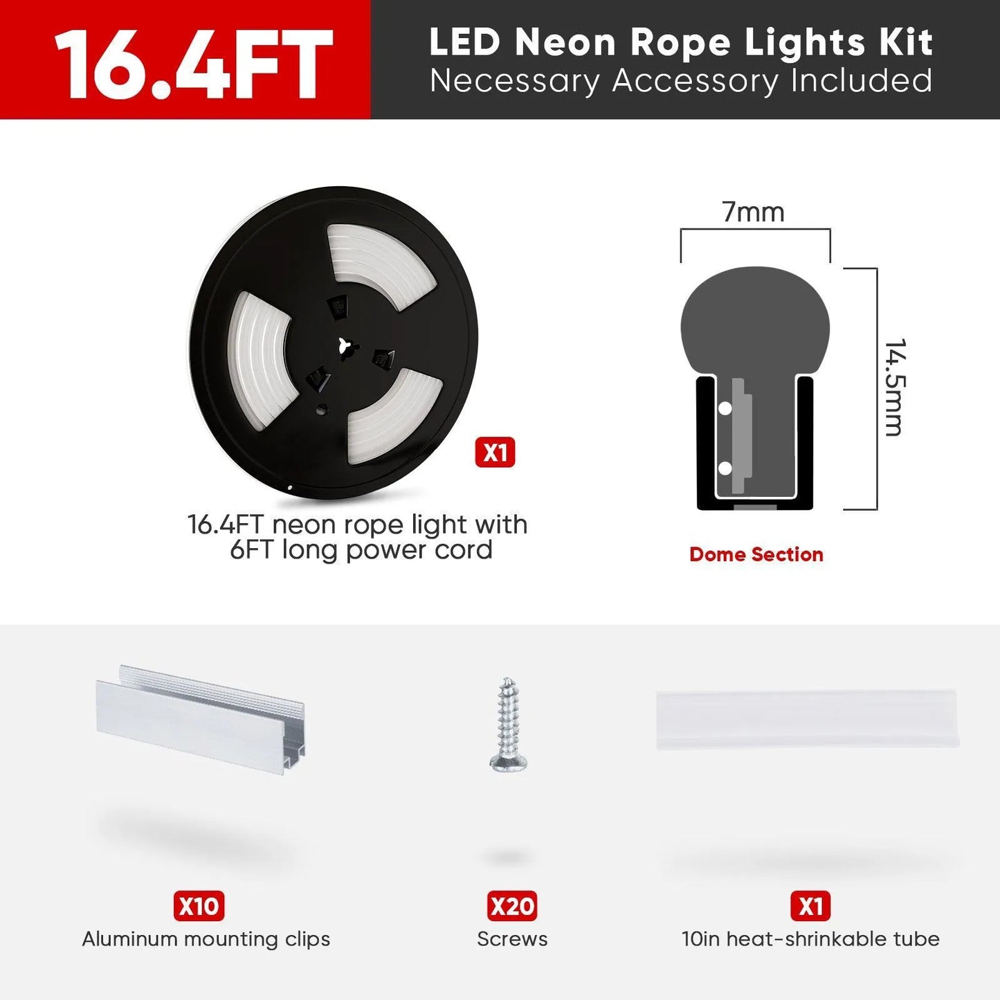 ETL-listed 6500K cool white LED neon rope light with uniform glow, cut at 1.6ft intervals for a retail shelf display.