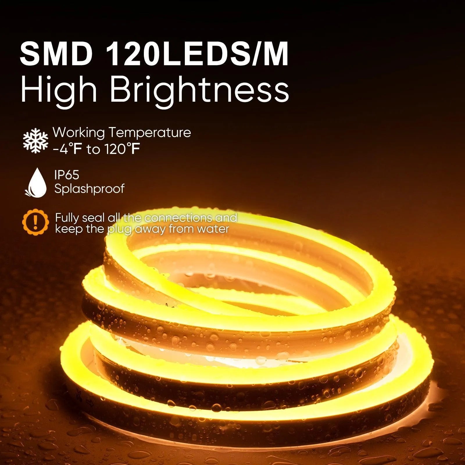 120V Eco gold yellow rope light, Connectable & Cuttable Dotless 120LEDs/M Neon Strip Lighting, ETL IP65 Waterproof & Weather-Resistant for Home Commercial
