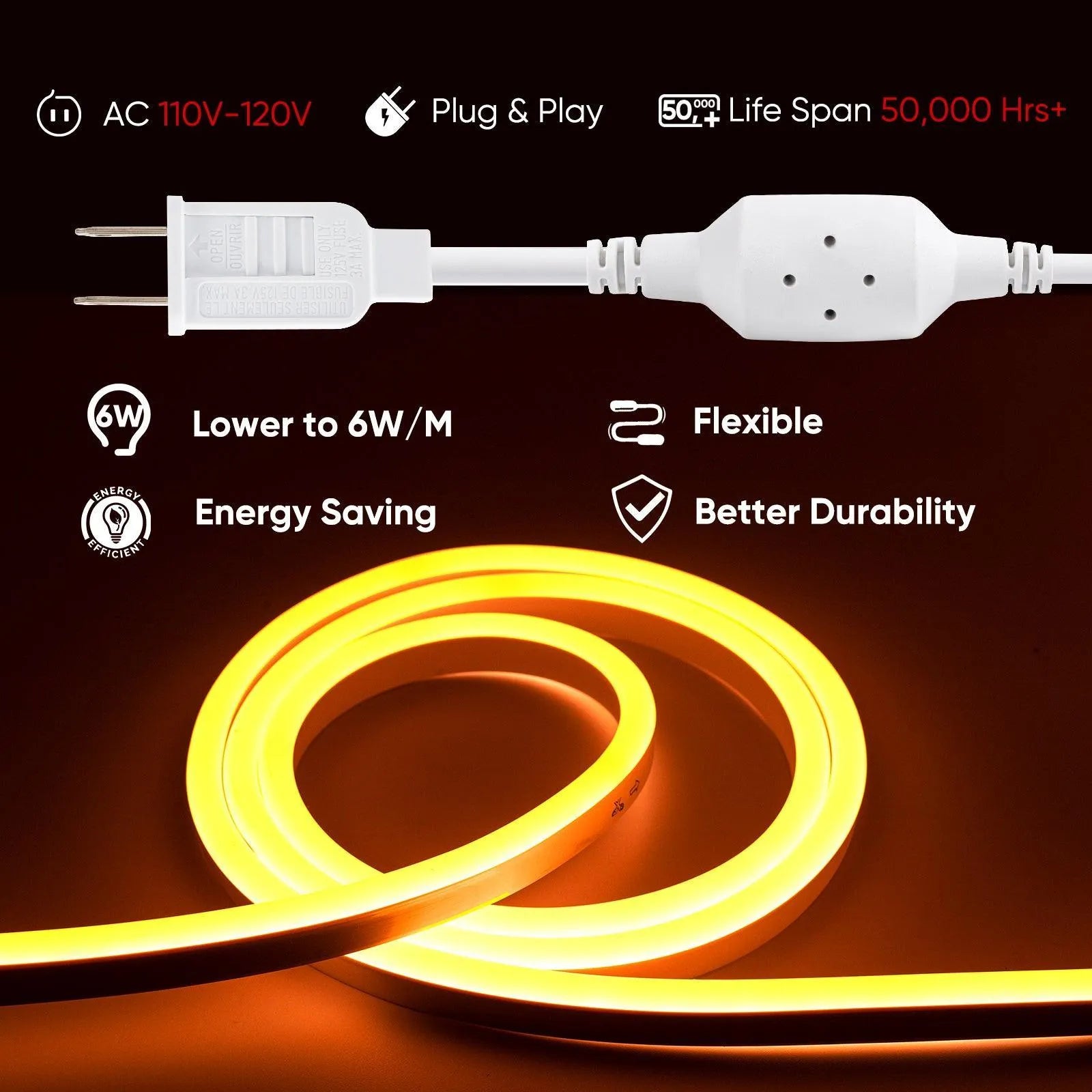 120V Eco gold yellow rope light, Connectable & Cuttable Dotless 120LEDs/M Neon Strip Lighting, ETL IP65 Waterproof & Weather-Resistant for Home Commercial
