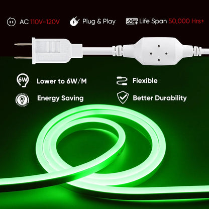 120V Eco green rope light, Connectable & Cuttable Dotless 120LEDs/M Neon Strip Lighting, ETL IP65 Waterproof & Weather-Resistant for Home Commercial